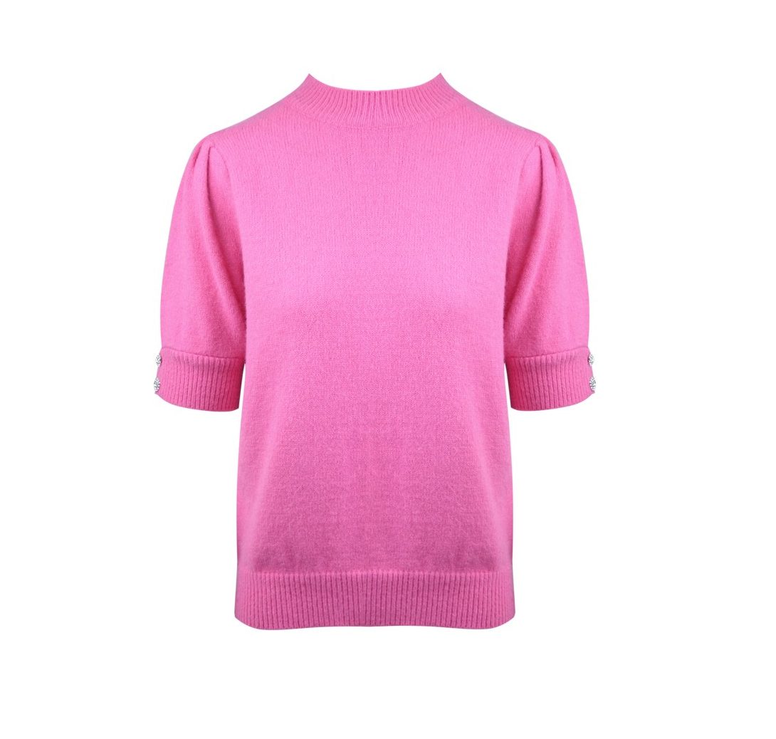 Lijkenhuis Berri Zichtbaar Roze trui met glitterknoopjes | korte mouw - Stylefever.nl