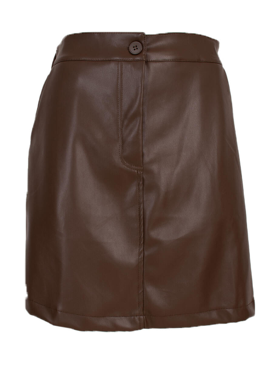 Bruine damesrok met zakjes leatherlook 1 Bruine damesrok met zakjes leatherlook