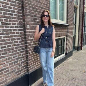 Donkerblauw tweed gilet gouden knopen Stylefever