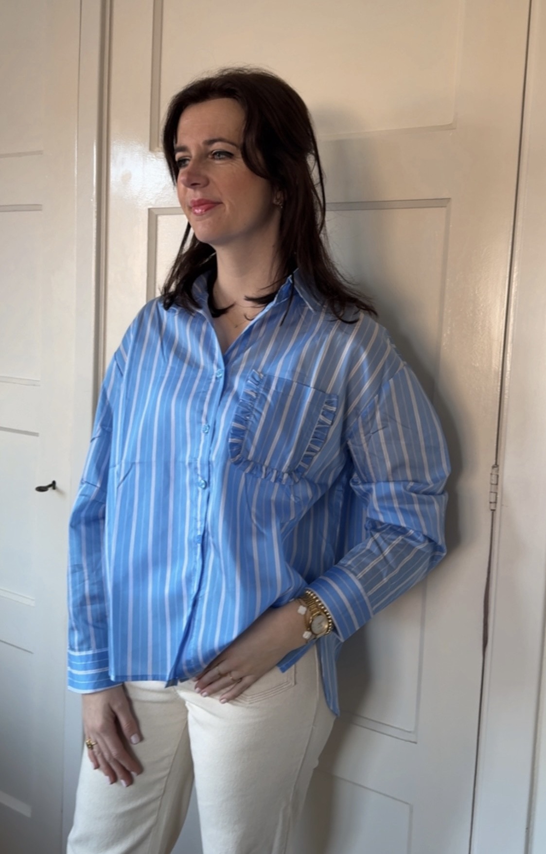 Blauwe streepjes blouse Azzurro 1 Blauw gestreepte blouse Azzurro