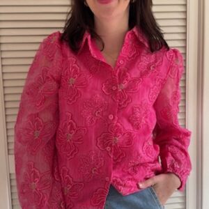 Roze damesblouse geborduurde bloemen Azzurro