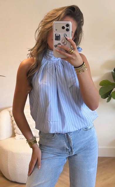 Blauw wit gestreepte mouwloze top 1 Blauw wit gestreepte haltertop Stylefever